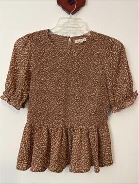 Magnolia Womens Medium Brown Floral Pleated Elastic-Waist Ruffled Blouse! A6846